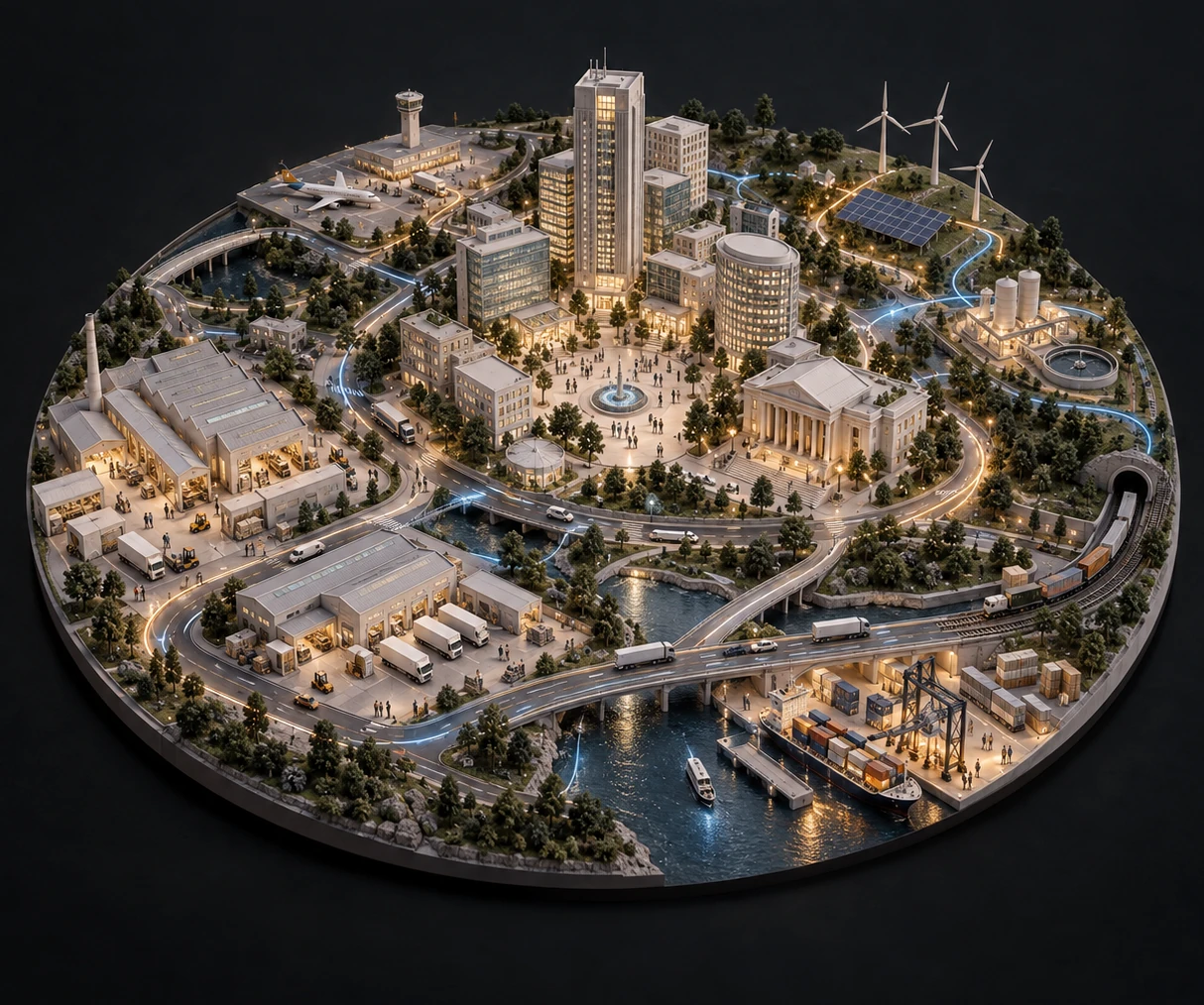 A connected business world with offices, warehouses, people, renewable energy, transport and a shipping port.