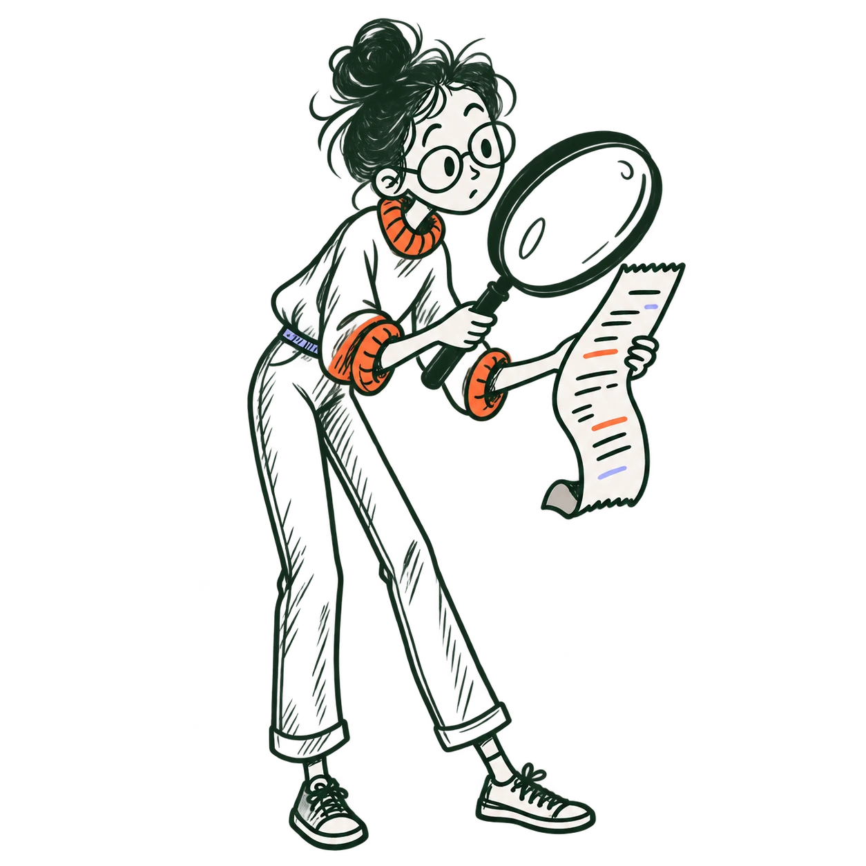 A sketched investigator examines a receipt with an oversized magnifying glass.