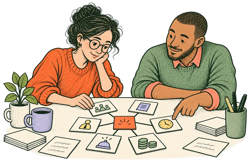 Two colleagues trace how one business decision connects customers, costs, people, time, cash and service on a shared six-part model.