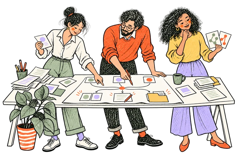 Three colleagues work over one connected diagram: source cards join a shared question, then branch into comparing alternatives, checking evidence and reviewing a decision.