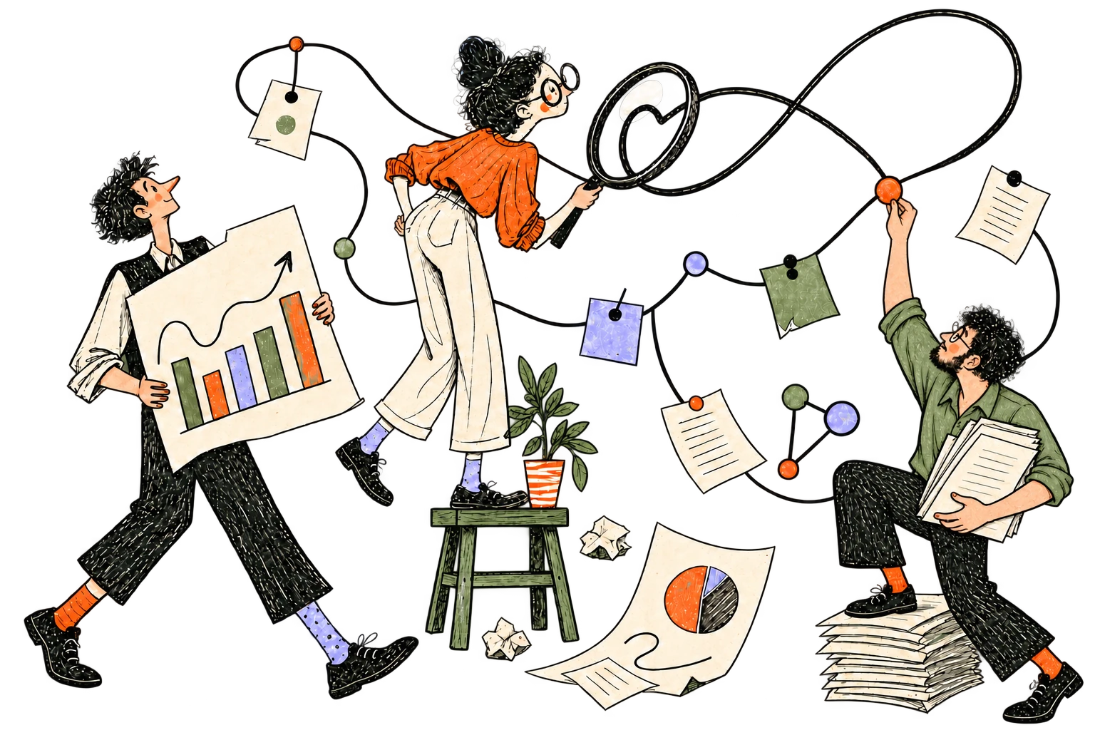 Three curious people connect charts, loose notes and questions with one looping thread.